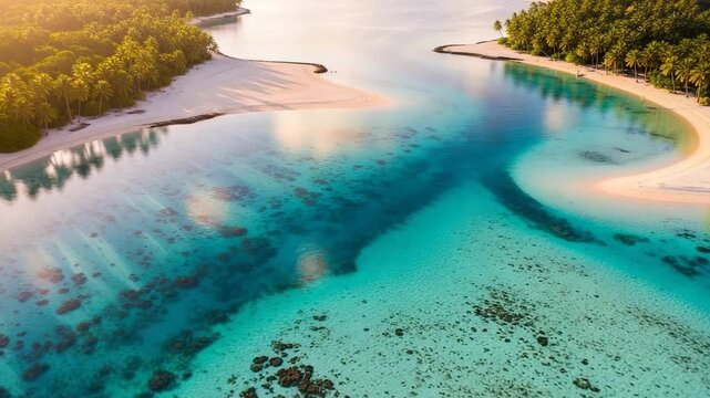 Tropical Turquoise Lagoon at Sunset Aerial: Palm Trees Lining Sandy Shore with Calm Blue Waters and Golden Horizon Paradise

