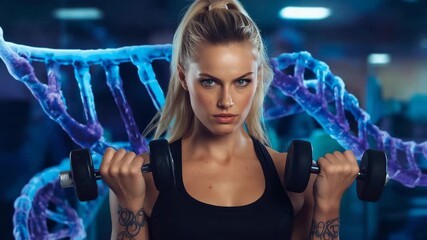 Gripping dumbbells, blonde athlete performing biceps curls in gym, with neon DNA helix projection - Powered by Adobe