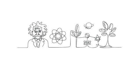Scientist with atomic symbol and celestial bodies
