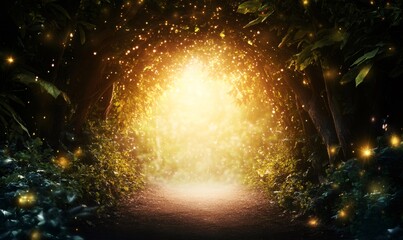 Enchanted forest path leading towards a bright, shimmering, glowing light and golden particles, symbolizing magic and new possibilities