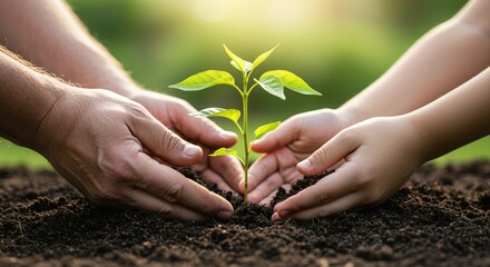 parent and child nurturing young plant together in a lush green garden, sustainable growth