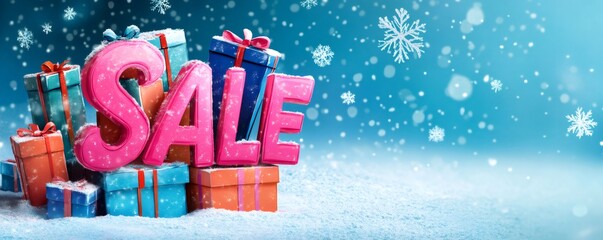 Pink letters spelling sale standing on colorful gift boxes, creating a winter holiday shopping promotion background