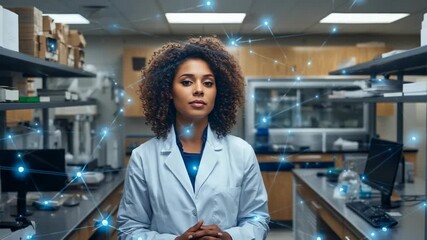 Responding to pulsing network overlay, scientist in lab coat clasping hands in lab, with monitor - Powered by Adobe