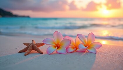 Fototapeta premium Pink plumeria flowers and starfish rest on wet sand by the ocean at sunset. Gentle waves wash ashore under a colorful sky. Tropical paradise scene offers calm and beauty.
