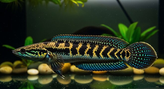 Ornamental snakehead fish portrait in aquarium
