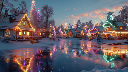 Fototapeta premium A glowing Christmas tree in the city at night, reflected in a calm lake surrounded by mountains, creating a romantic and festive atmosphere.