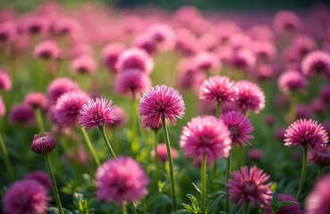 Fototapeta premium Field with pink Armeria Maritima flowers in bloom. Fresh summer scenic with magenta sea thrift growing. Floral landscape shot on sunny day in the garden at sunset. Beauty in nature.