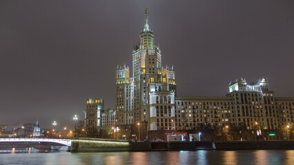 Night view of the Kotelnicheskaya Embankment Building hyperlapse in Moscow timelapse, Russia.