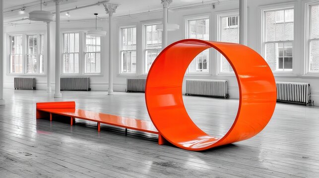 Striking orange sculptural art piece dominates pristine white interior space with radiant light and unique perspective for modern design concept