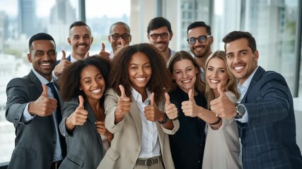 Lining up, nine colleagues in blazers holding thumbs-up in high-rise office showing confidence