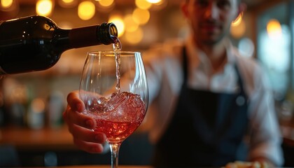 Bartender pours red wine from bottle into clear glass. Server provides refreshing drinks for client in upscale restaurant. Hand holds elegant wine glass. Liquid flows. Quality beverage service at
