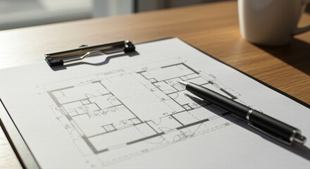 architectural blueprint with pen and coffee on a sunny desk symbolizing design and planning
