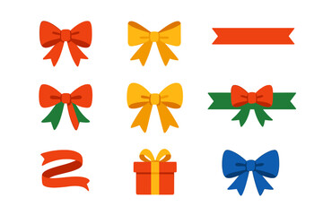 Gift and decoration flat icon set. featuring bows, ribbons, and a gift box for festive occasions