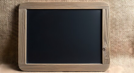 A rustic wooden framed blank black chalkboard, perfect for business messages, educational content, or restaurant menus on a textured burlap background.