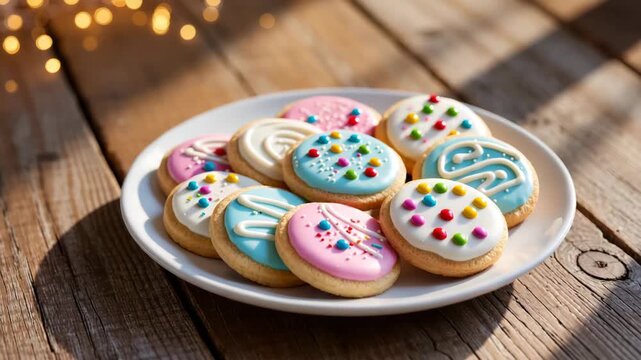 Bright iced cookies with colorful sprinkles and patterns placed on a white plate over a rustic wooden surface. Cheerful and sweet dessert. Perfect for parties and celebrations.