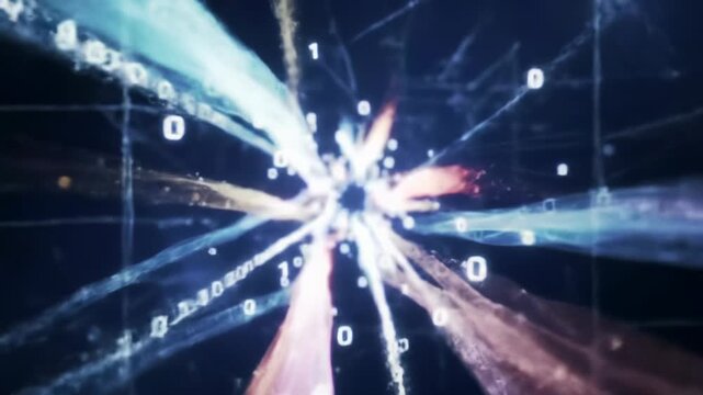 Immersive POV tracking video through an infinite abstract digital tunnel of glowing binary code and data packets on dark blue network background, concept of big data and connectivity