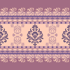 Stylized damask floral pattern in soft pastel colors with ornamental borders, inspired by traditional Thai design. Ideal for invitations, fabric prints, packaging, or decorative art projects.