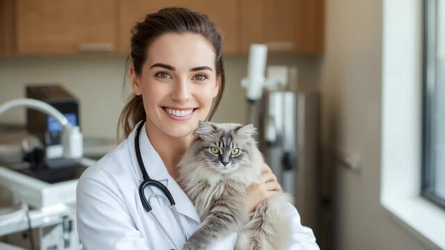 Camera starting vet holding longhaired cat, smiling to comfort it in clinic room with stethoscope