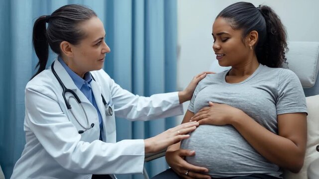 Exam starting Dr assessing fetus placing hand on shoulder, palpating abdomen in clinic, copy space
