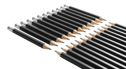 Row of black pencils isolated on transparent background, arranged in a neat and orderly fashion