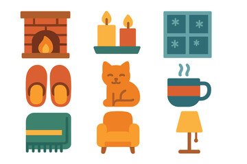 Cozy home flat icon set. featuring fireplace, candles, window, slippers, cat, armchair, blanket, mug, lamp