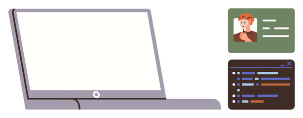 Laptop screen paired with user profile and coding window, highlighting interaction, software development, and remote work. Ideal for programming, technology, teamwork, digital tools, online learning