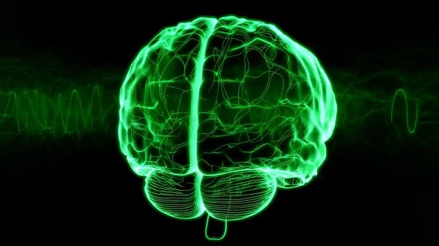 Glowing green wireframe brain looping through left right views in virtual space, syncing waveform - Powered by Adobe