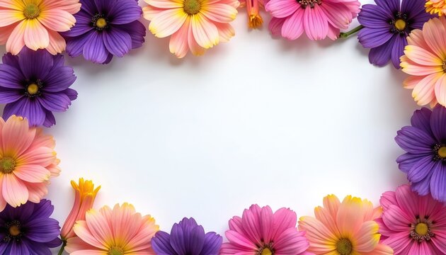 Bright flower frame on white backdrop. Flowers pink purple petals yellow petal edges. Floral border design suitable for spring greetings card backgrounds nature related events template. Blank space