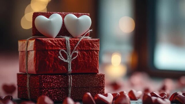 A stack of red gift boxes with hearts on top, ideal for Valentine's Day or romantic gifts