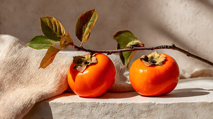Persimmon Still Life on Linen