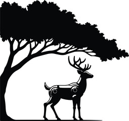 Silhouette deer standing under a tree isolated vector illustration
