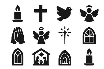 Christmas silhouette icon set. featuring candle, cross, dove, angel, praying hands, nativity, church window.