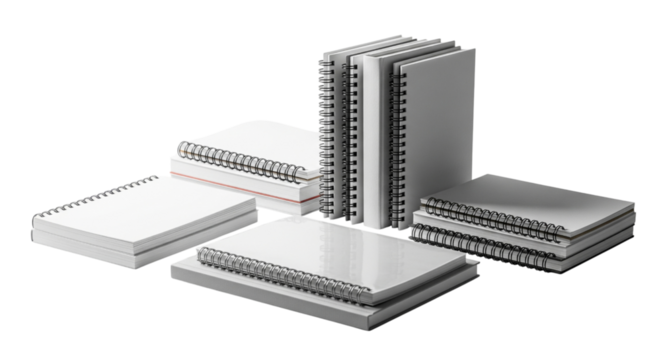 Stack of spiral notebooks isolated on transparent background for office or school use