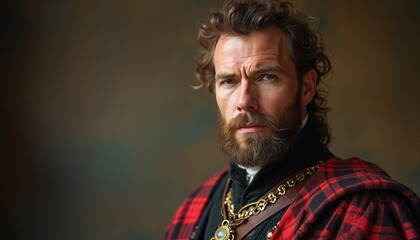Man in Scottish highland attire with tartan plaid and gold chain. Studio portrait with historical reenactment theme. Serious expression, beard, and curly hair.