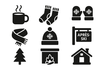 Winter silhouette icon set. featuring hot drink, socks, mittens, scarf, apres-ski, fireplace, cabin, tree.