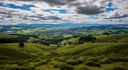 Obraz premium Stunning panoramic view of lush green hills and valley under dramatic clouds in a vibrant landscape setting.