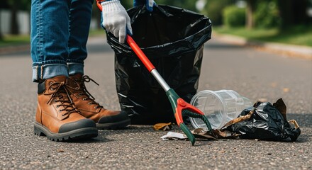 person picking up litter in a park with claw tool and bag on a sunny day