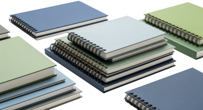 Stack of colorful spiral notebooks isolated on transparent background, perfect for school or office