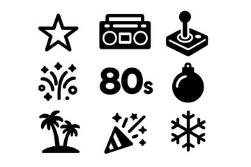 80s silhouette icon set. featuring star, boombox, joystick, fireworks, ornament, palm trees, party hat, snowflake