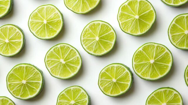 Top view of multiple lime slices placed evenly on a white surface, creating a repeating citrus pattern. Vibrant green color and fresh texture. Bright and minimal.