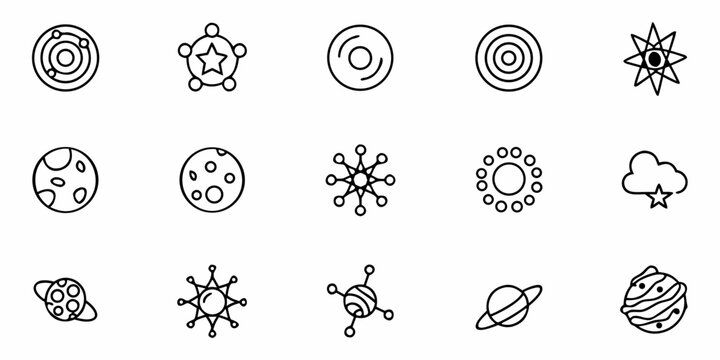 Explore the cosmos with this set of cosmic line icons, perfect for adding a touch of celestial charm to your designs, astronomy, space exploration, and more