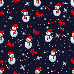 Set of Christmas and new year seamless pattern with snowflakes, snowmen
