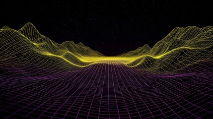 Abstract Wireframe Landscape with Starry Sky Synthwave Scene Generative Art Aesthetic Futuristic Voxel Art