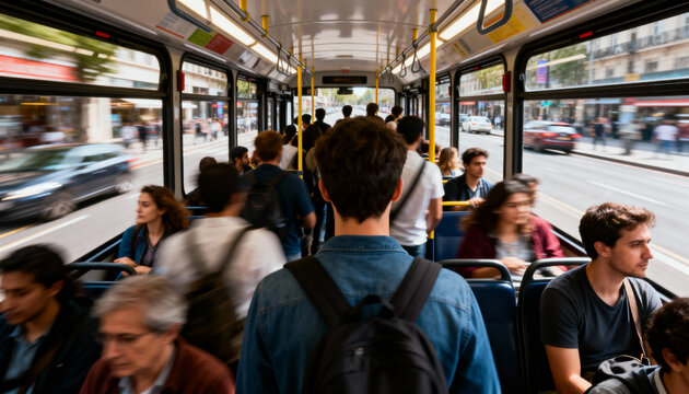 young man with backpack standing on crowded city bus during busy rush hour commute - Powered by Adobe