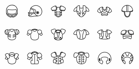 Equip your team with this striking football gear icon set perfect for sports apps, websites, or any athletic design project, showcasing helmets and shoulder pads