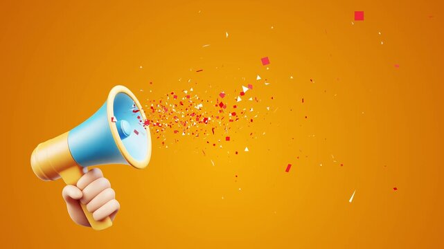 Colorful confetti bursting out from 3d megaphone against orange background