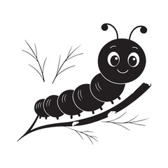 Cartoon Caterpillar Silhouette Vector on Leaf Branch, black color White Background (2).eps