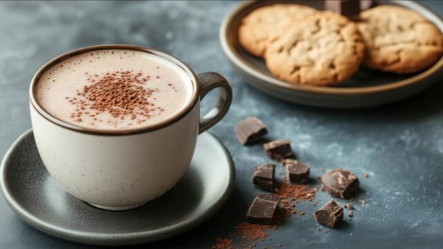 Hot chocolate in a ceramic cup with foamy top and cocoa dust, placed on a dark textured surface. Served with cookies and chocolate chunks. Warm and comforting drink setup.