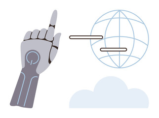 Robotic hand pointing towards a digital globe and cloud, symbolizing global connectivity, AI, and digital transformation. Ideal for technology, innovation, AI, communication, connectivity cloud