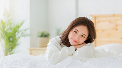 朝の光が差し込むベッドで微笑む若い女性